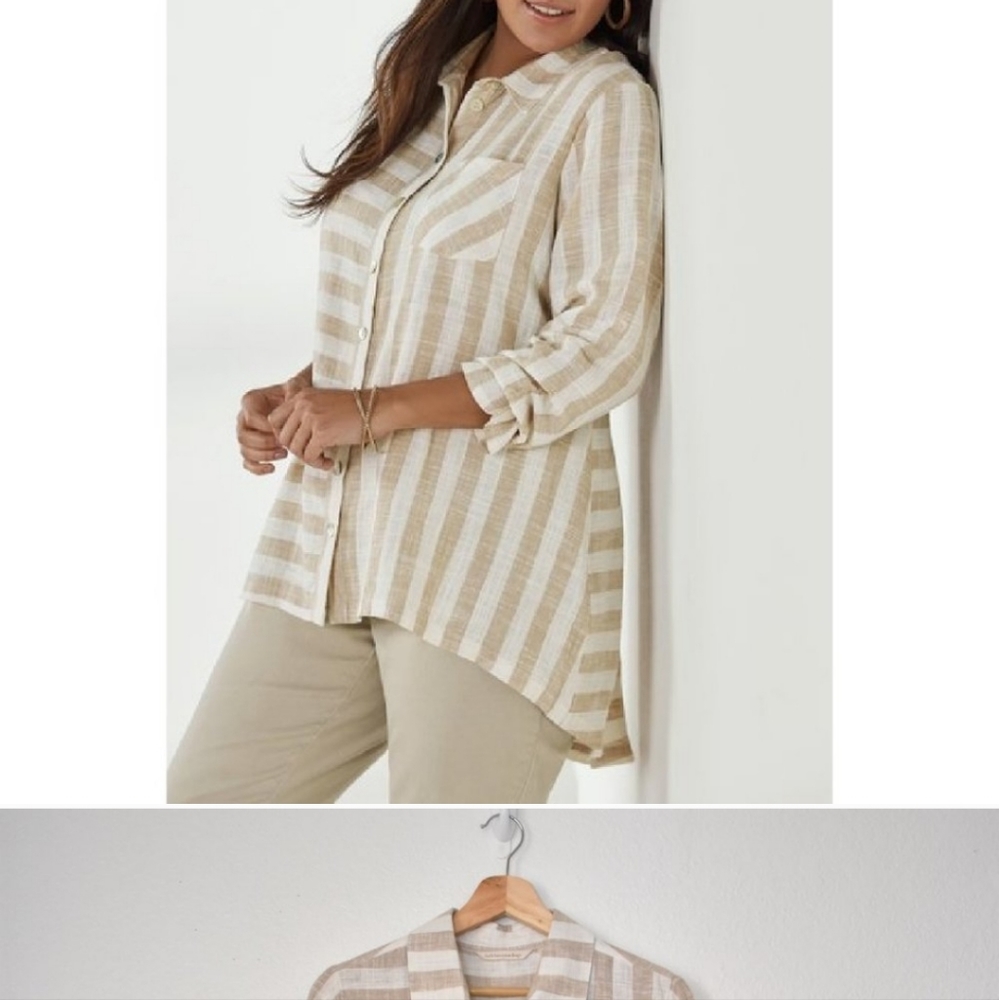 Soft Surroundings Camina Stripe Tunic Blouse Back Zipper Linen Button Down 
